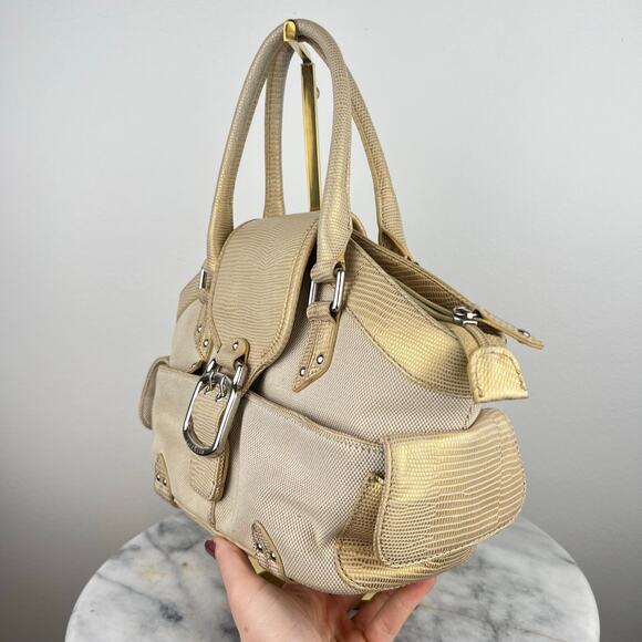 Cole Haan Buckle Canvas Tan and Gold Lizard Skin Embossed Leather Shoulder Bag - Picture 10 of 16